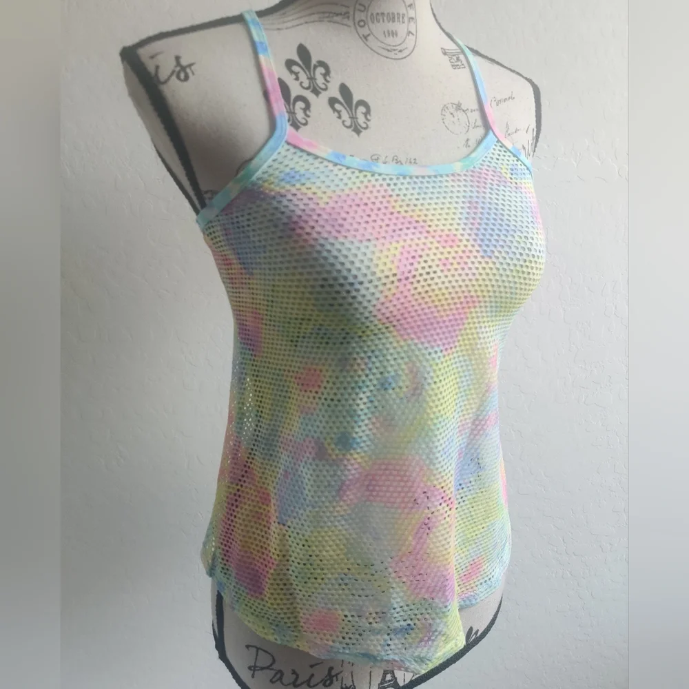 🆕 Tie-dye Rainbow Multicolor Mesh Fishnet Tank Top Swimsuit cover festival_6